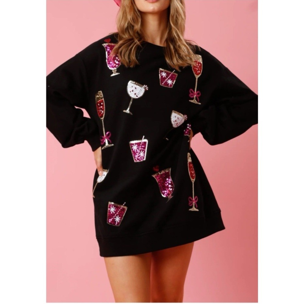Fantastic Fawn Women Size Small L/S Drinks Sequin Pullover Dress Black Girls Ngt